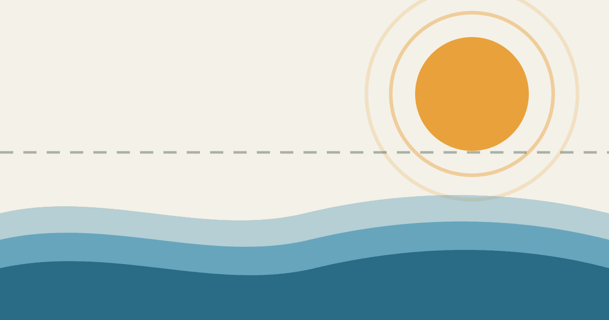 Ilustração minimalista de um sol sobre ondas do oceano representando o aquecimento do Pacífico no El Niño