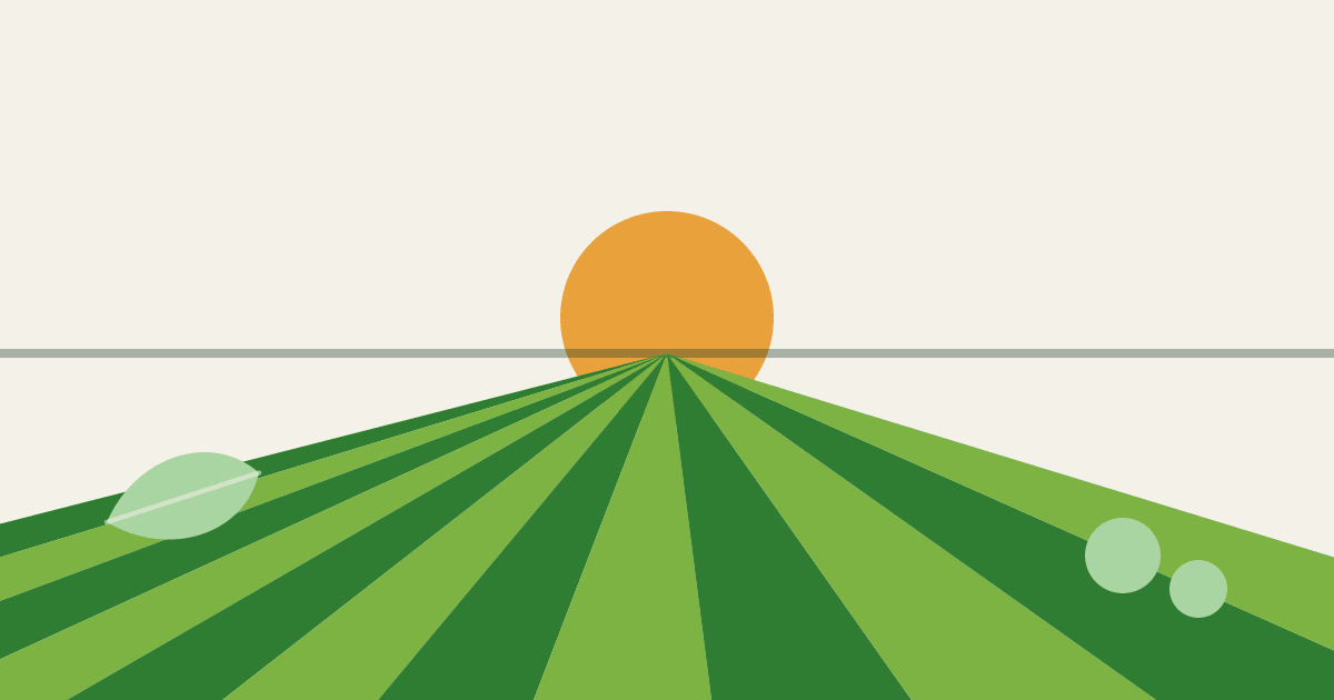 Minimalist illustration of crop rows converging toward the horizon with a sun in the background