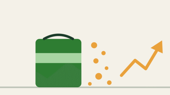 Minimalist illustration of a fertilizer bag with falling granules and a rising arrow