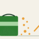 Minimalist illustration of a fertilizer bag with falling granules and a rising arrow