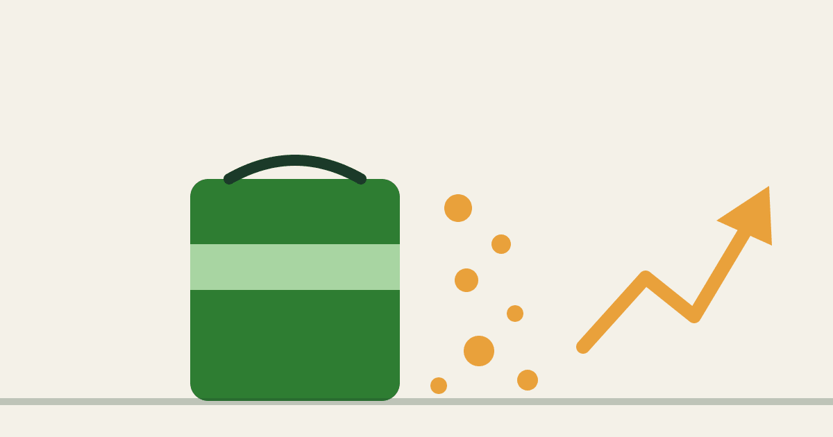 Minimalist illustration of a fertilizer bag with falling granules and a rising arrow