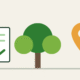 Minimalist illustration with a tree, a map pin and a document carrying a compliance check