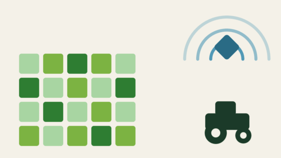 Minimalist illustration with a grid of fields, a satellite signal and a tractor silhouette