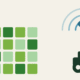 Minimalist illustration with a grid of fields, a satellite signal and a tractor silhouette