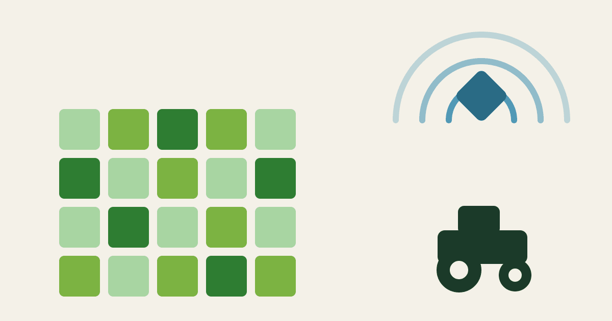 Minimalist illustration with a grid of fields, a satellite signal and a tractor silhouette