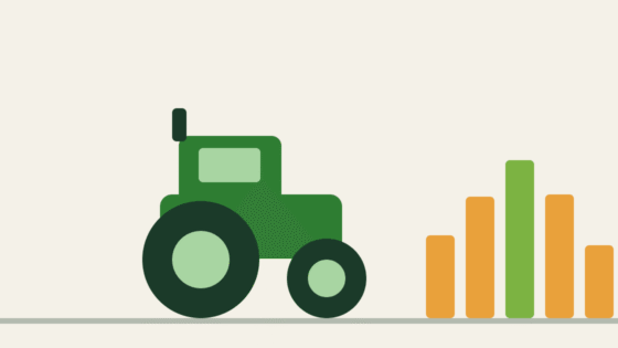 Minimalist illustration of a tractor in profile beside a bar chart falling and recovering