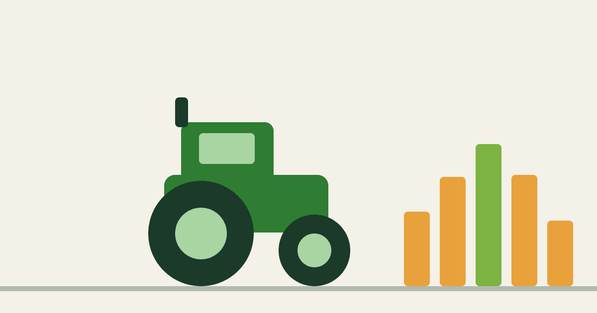 Minimalist illustration of a tractor in profile beside a bar chart falling and recovering