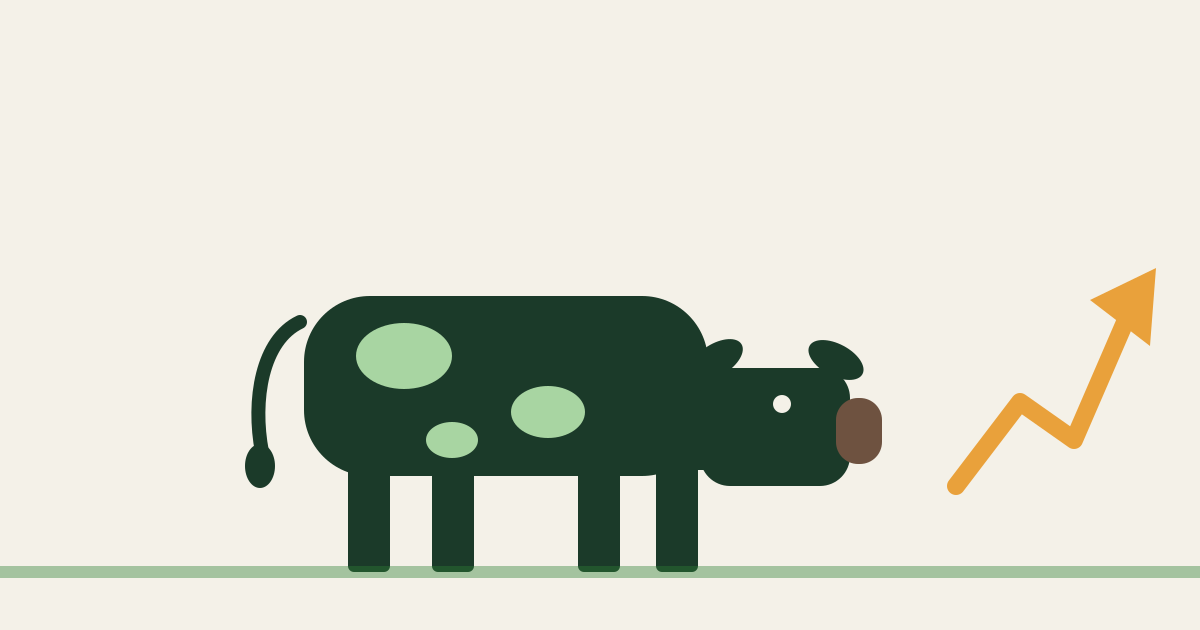Minimalist illustration of a cattle silhouette beside a rising price chart