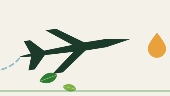 Minimalist illustration of a stylised aircraft with a fuel droplet and green leaves
