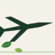 Minimalist illustration of a stylised aircraft with a fuel droplet and green leaves