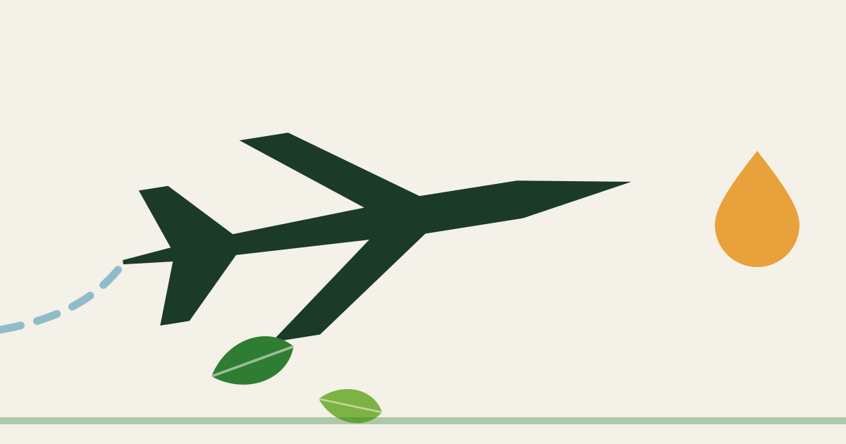 Minimalist illustration of a stylised aircraft with a fuel droplet and green leaves