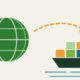 Ilustração minimalista de globo terrestre, navio cargueiro com contêineres e rota tracejada