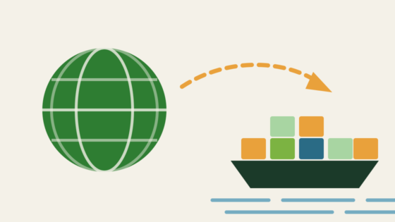 Minimalist illustration of a globe, a container ship and a dashed trade route