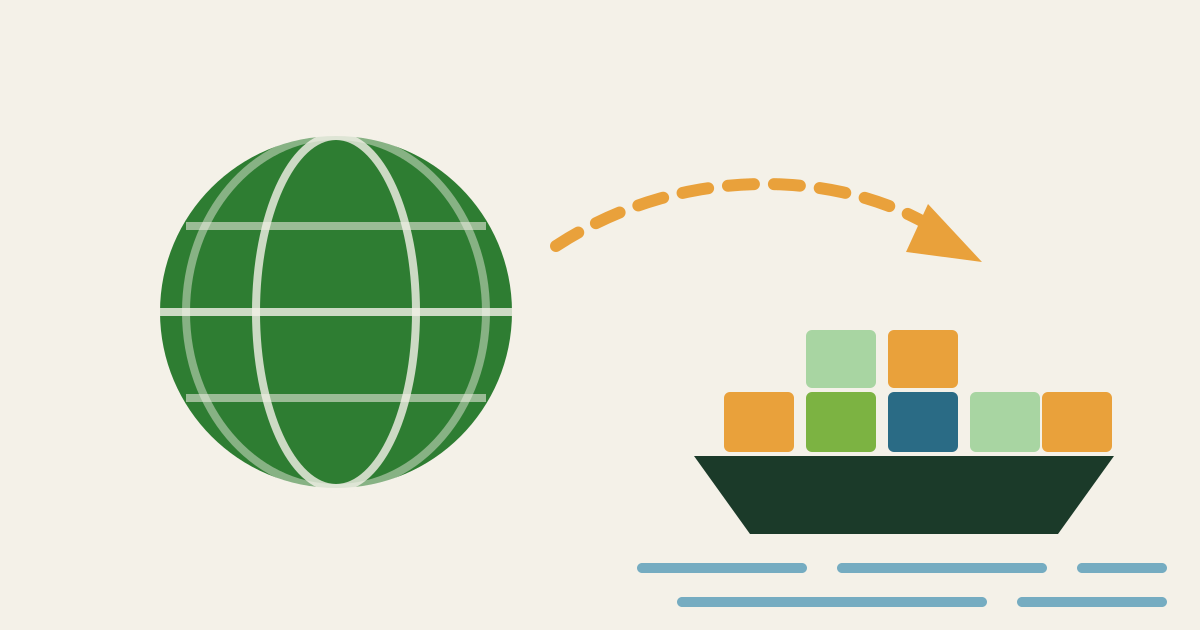 Minimalist illustration of a globe, a container ship and a dashed trade route