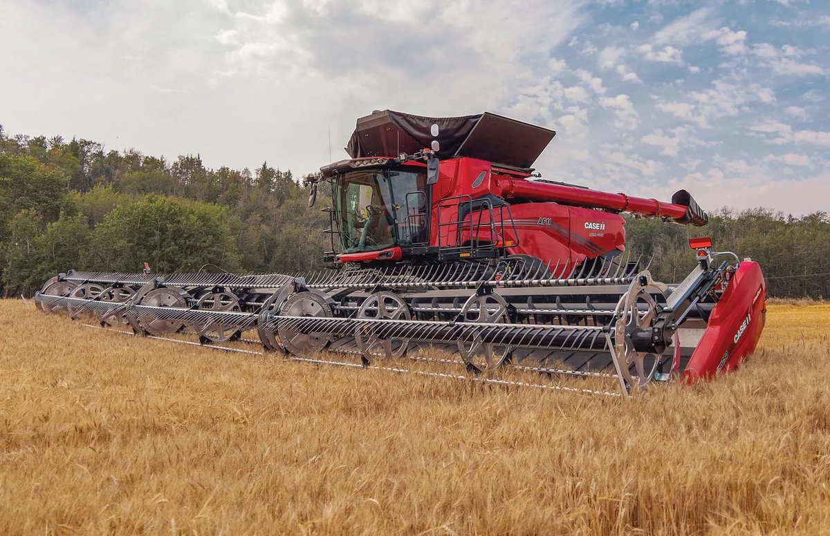 Colheitadeira Case IH Axial-Flow AF11 vermelha colhendo trigo com plataforma draper