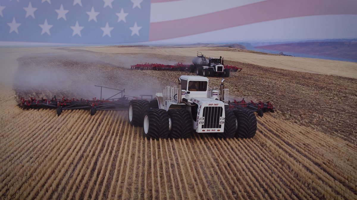Big Bud 16V-747 puxando escarificador de 80 pés em lavoura de trigo em Montana em 2020