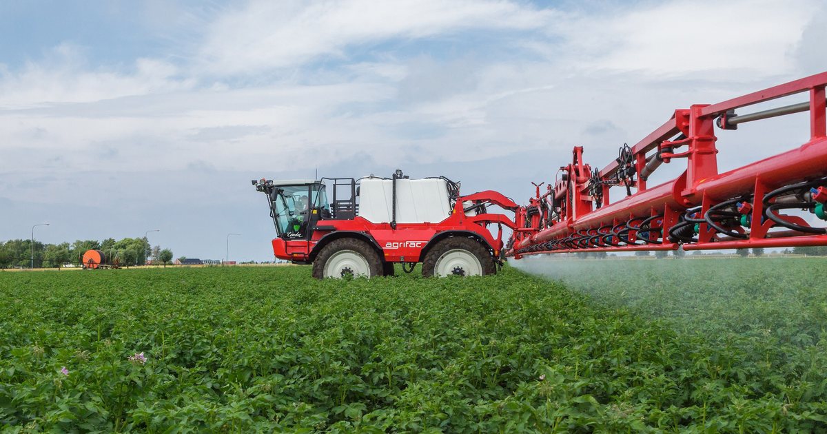 Pulverizador autopropelido Agrifac Condor aplicando com barra larga em lavoura de batata na Holanda