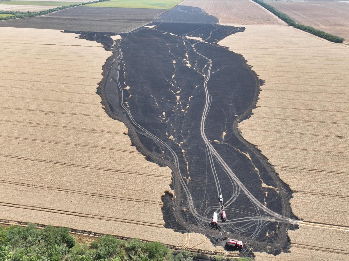 Vista aérea de lavoura de trigo parcialmente queimada na região de Odesa com caminhões de bombeiros
