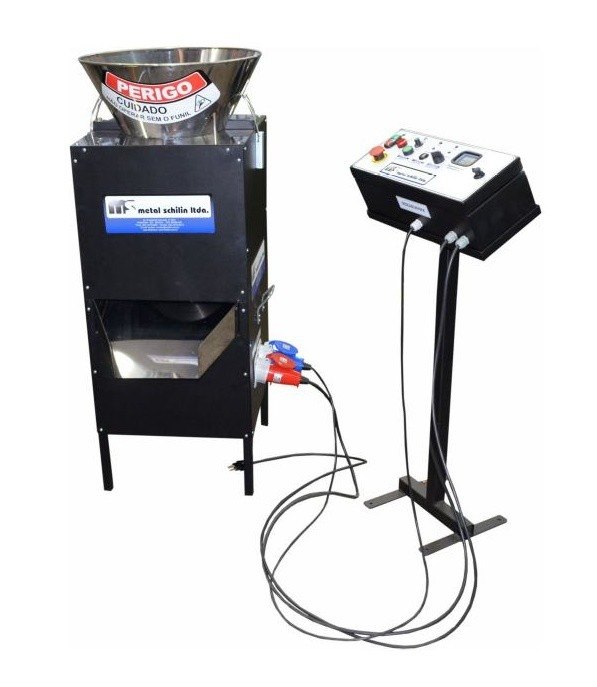 Descascadora de nozes MS-D19 da Metal Schilin, com funil inox, gabinete preto e painel de comando com pedal
